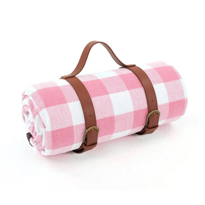 Waterproof Picnic Blanket with Faux Leather Carrying Strap and Checkered Pattern - Image 6