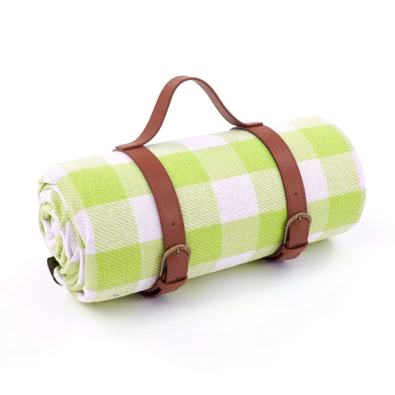 Waterproof Picnic Blanket with Faux Leather Carrying Strap and Checkered Pattern - Image 8