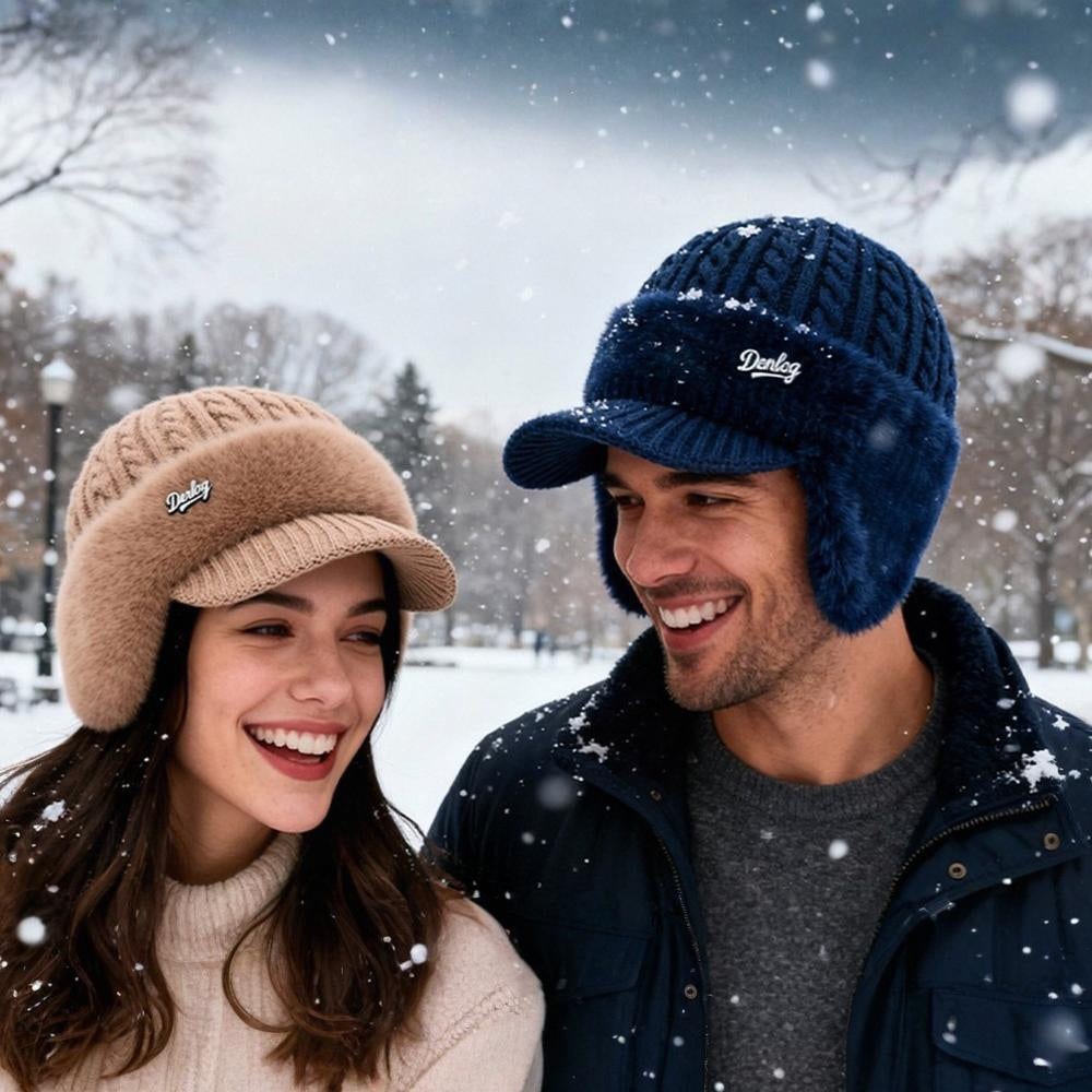 Winter Hat with Brim Wool Knit Ear Flaps Cable Beanie - Image 1