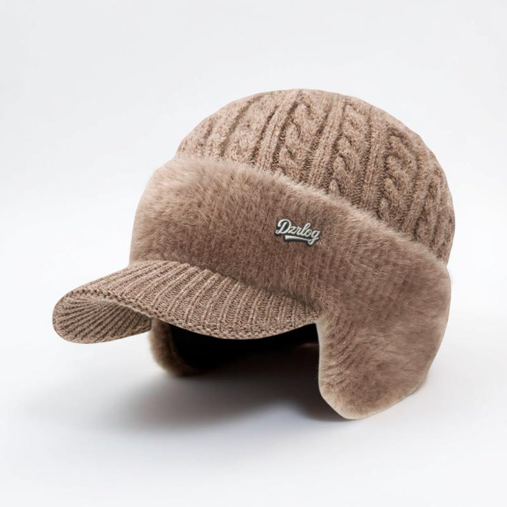 Winter Hat with Brim Wool Knit Ear Flaps Cable Beanie - Image 4