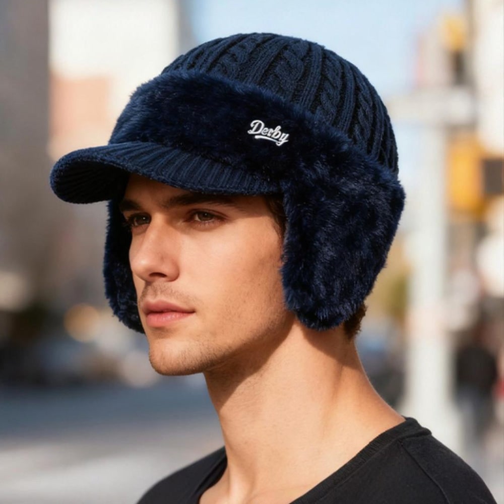 Winter Hat with Brim Wool Knit Ear Flaps Cable Beanie - Image 7