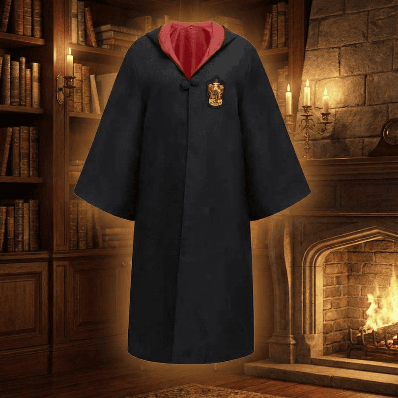 Wizard Robe Hooded Costume with Embroidered Crest and Wide Flared Sleeves - Image 1