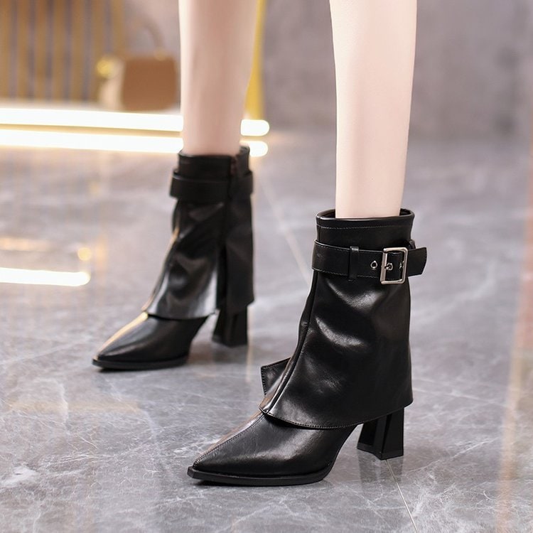 Women's Ankle Boots Block Heel Pointed Toe with Buckle Strap and Side Zipper - Image 3