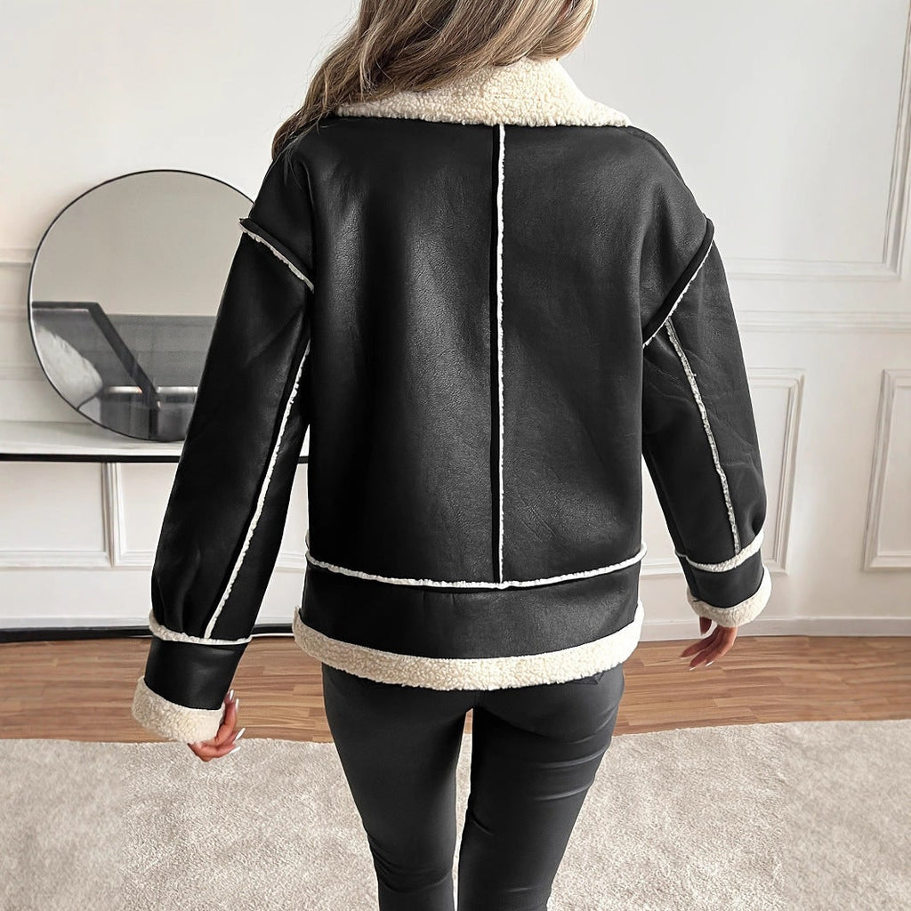 Women's Aviator Shearling Jacket Faux Leather with Buckle Collar - Image 2