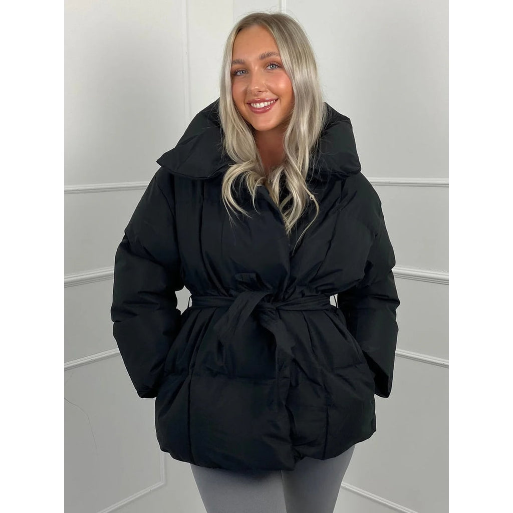 Women's Belted Puffer Jacket with High Collar and Quilted Oversized Fit - Image 12