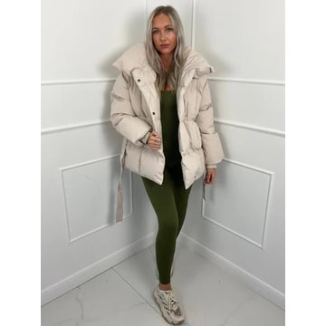 Women's Belted Puffer Jacket with High Collar and Quilted Oversized Fit - Image 3