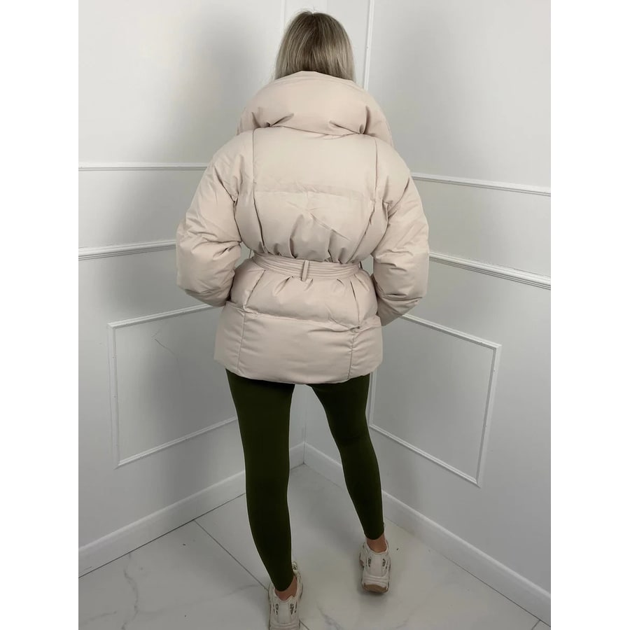 Women's Belted Puffer Jacket with High Collar and Quilted Oversized Fit - Image 4