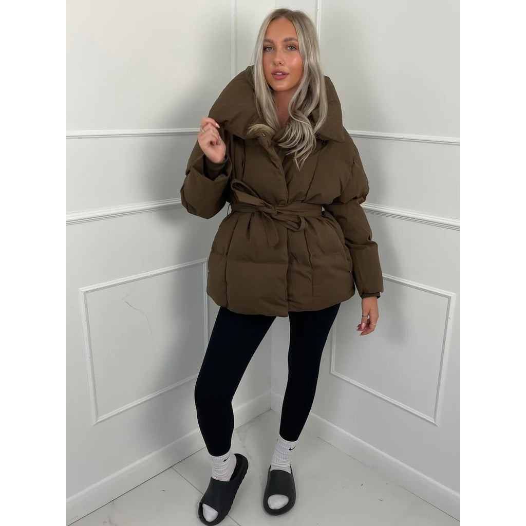 Women's Belted Puffer Jacket with High Collar and Quilted Oversized Fit - Image 7