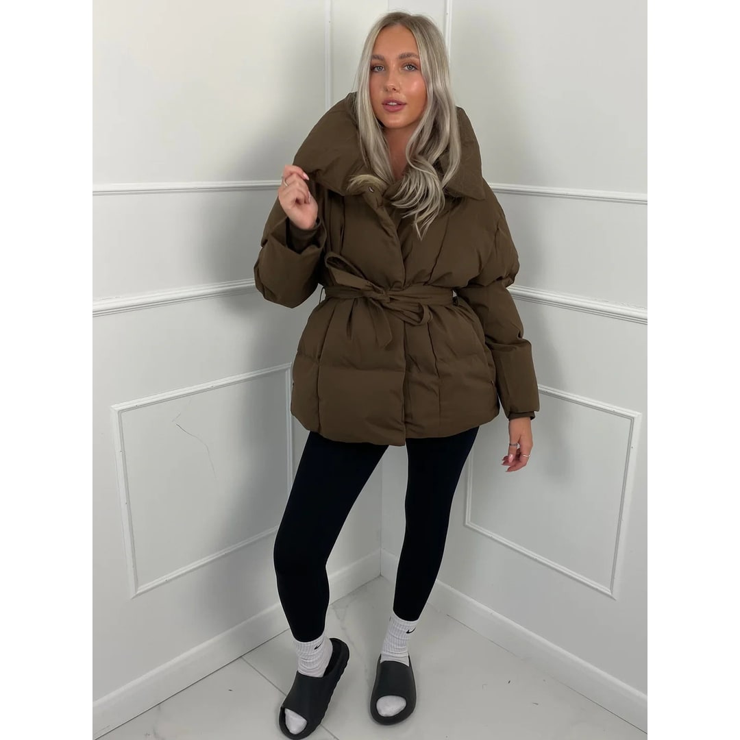 Women's Belted Puffer Jacket with High Collar and Quilted Oversized Fit - Image 7