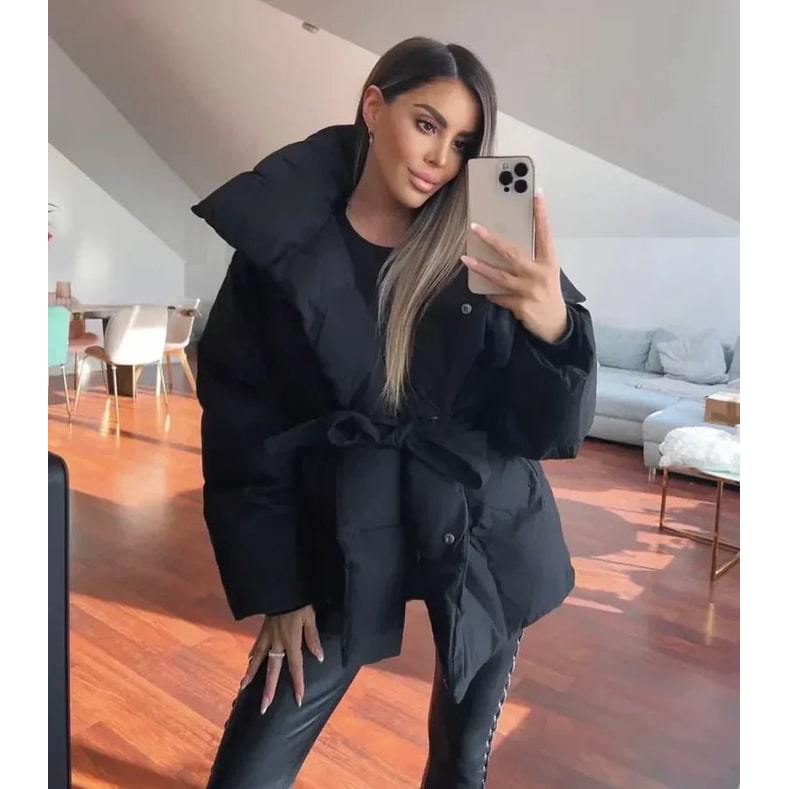 Women's Belted Puffer Jacket with High Collar and Quilted Oversized Fit - Image 9