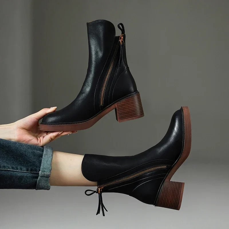 Women's Block Heel Ankle Boots with Side Zipper and Pull Tab - Image 2