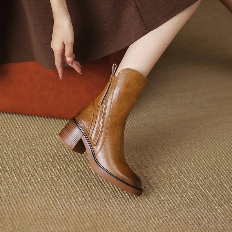 Women's Block Heel Ankle Boots with Side Zipper and Pull Tab - Image 5