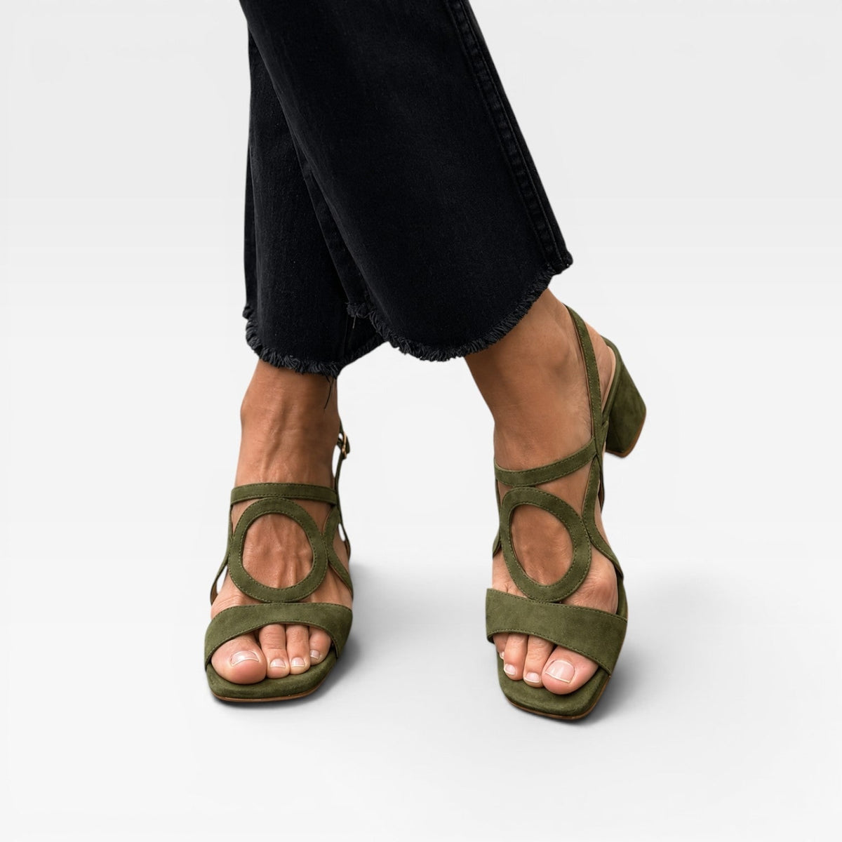 Women's Block Heel Sandals with Chunky Low Suede Circle Cutout Ankle Strap - Image 11