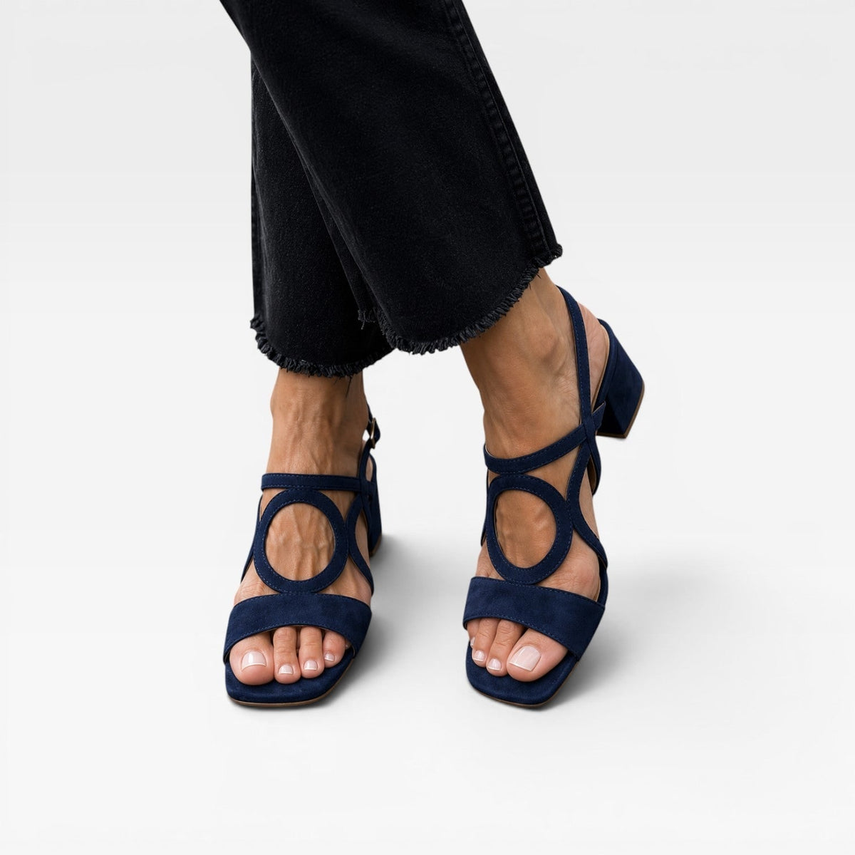 Women's Block Heel Sandals with Chunky Low Suede Circle Cutout Ankle Strap - Image 12