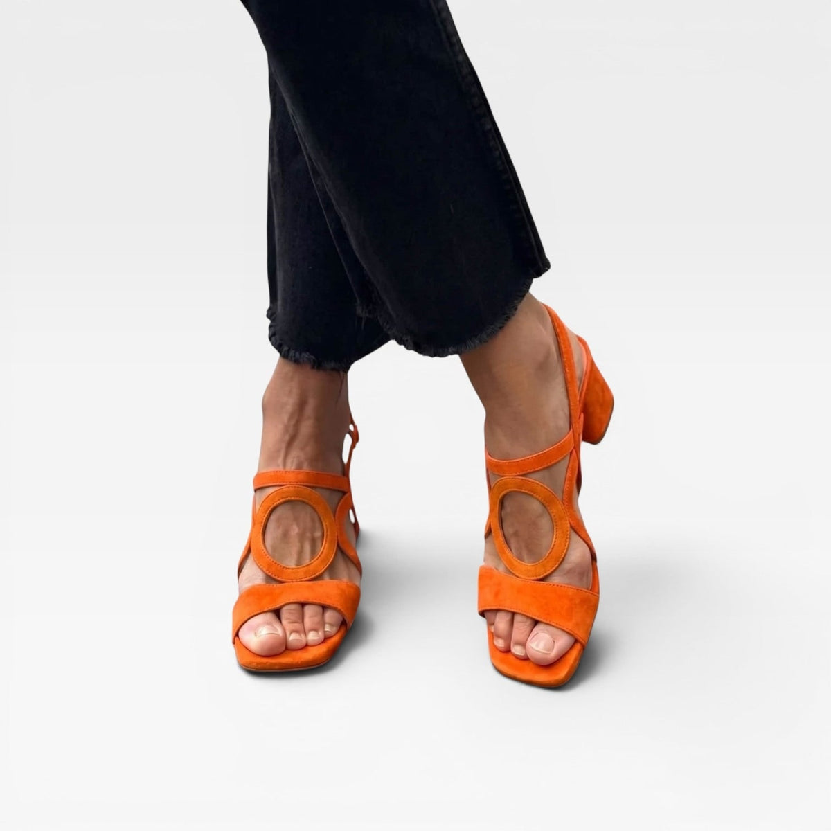 Women's Block Heel Sandals with Chunky Low Suede Circle Cutout Ankle Strap - Image 5