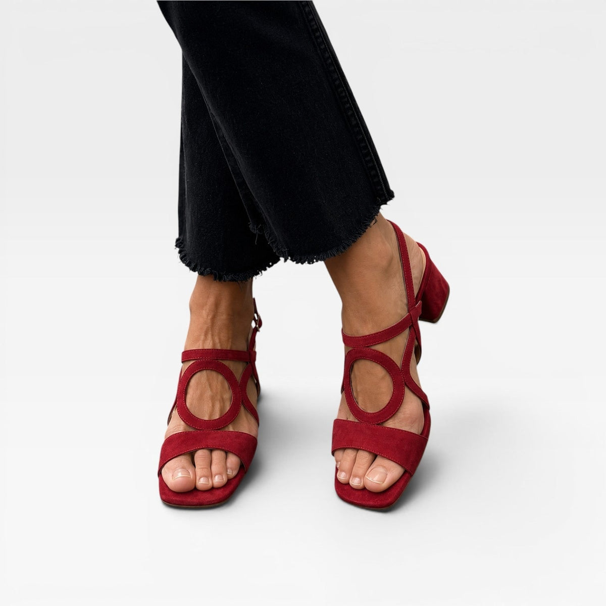 Women's Block Heel Sandals with Chunky Low Suede Circle Cutout Ankle Strap - Image 6