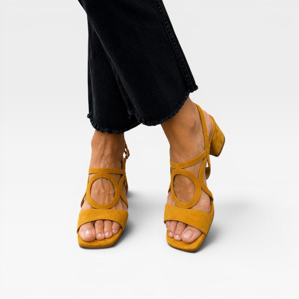 Women's Block Heel Sandals with Chunky Low Suede Circle Cutout Ankle Strap - Image 7