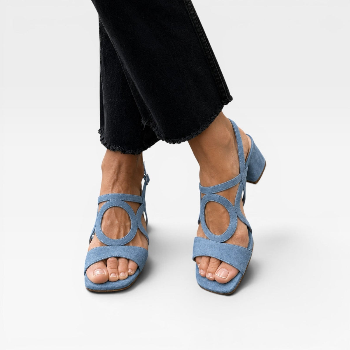 Women's Block Heel Sandals with Chunky Low Suede Circle Cutout Ankle Strap - Image 9