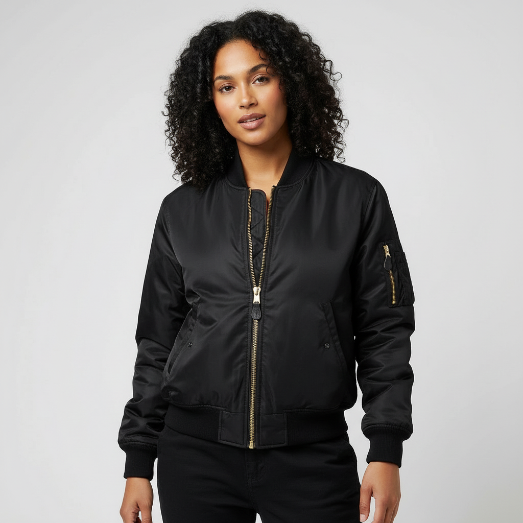 Women's Bomber Jacket with Quilted Lining and Satin Finish Utility Pocket - Image 4