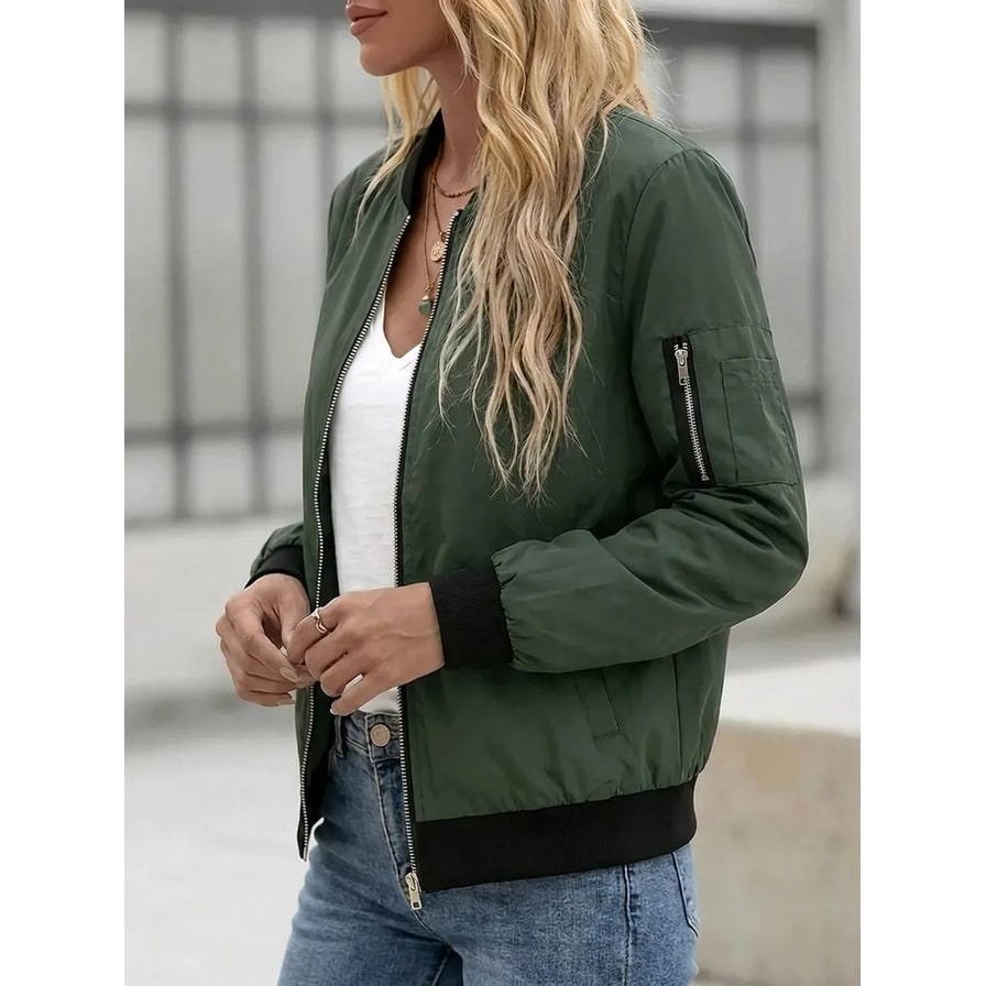 Women's Bomber Jacket with Zippered Sleeve Pocket and Ribbed Trim - Image 2