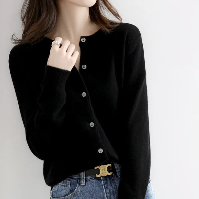 Women's Button-Up Cardigan Sweater with Ribbed Knit Cuffs and Crewneck - Image 4