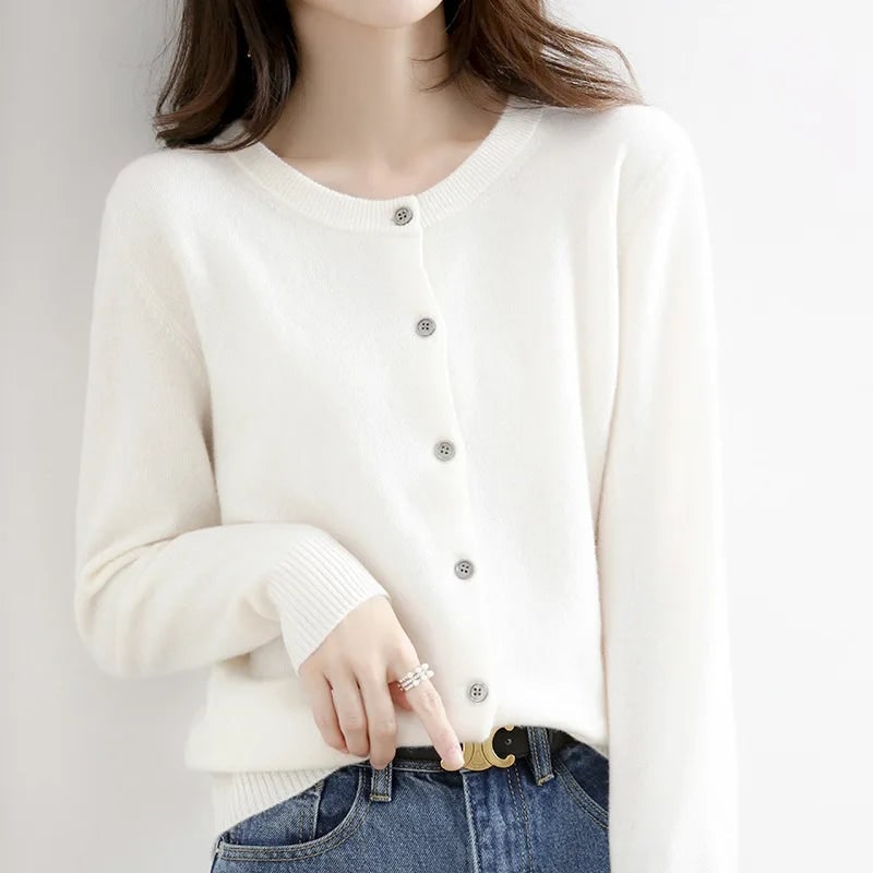 Women's Button-Up Cardigan Sweater with Ribbed Knit Cuffs and Crewneck - Image 5