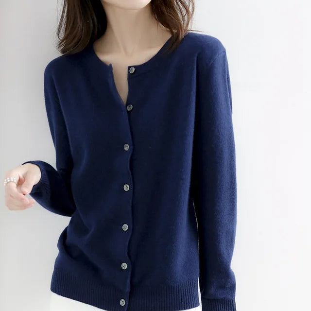 Women's Button-Up Cardigan Sweater with Ribbed Knit Cuffs and Crewneck - Image 8