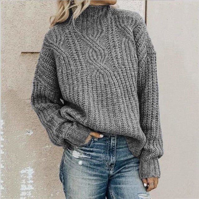 Women's Cable Knit Mock Neck Pullover Sweater Oversized Chunky - Image 1