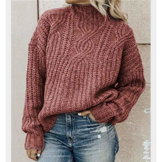 Women's Cable Knit Mock Neck Pullover Sweater Oversized Chunky - Image 2