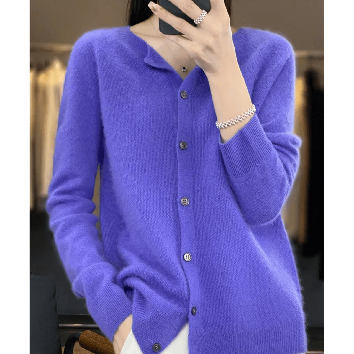 Women's Cardigan Sweater Knit Button Front Crew Neck Ribbed Cuffs - Image 1