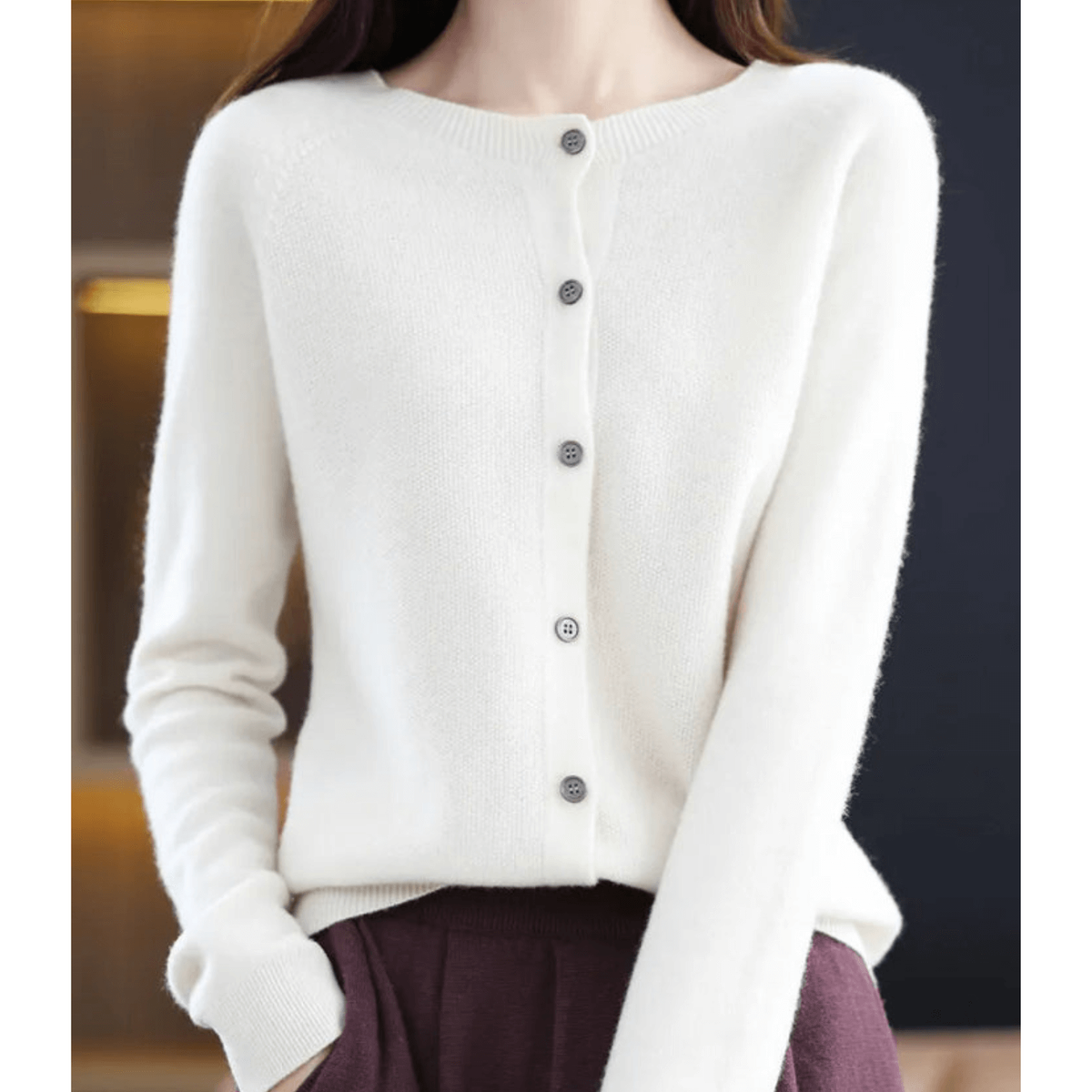 Women's Cardigan Sweater Knit Button Front Crew Neck Ribbed Cuffs - Image 2