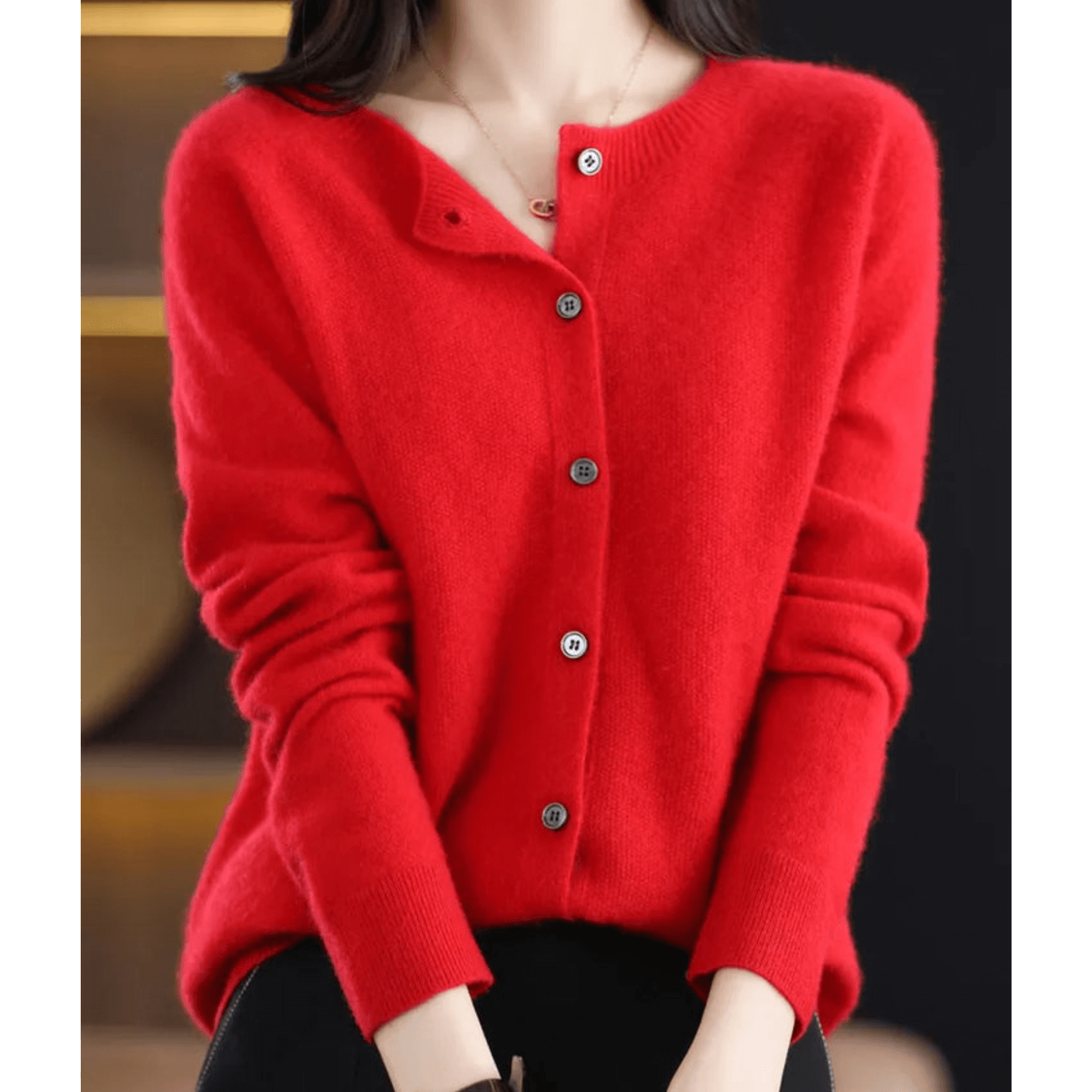 Women's Cardigan Sweater Knit Button Front Crew Neck Ribbed Cuffs - Image 3
