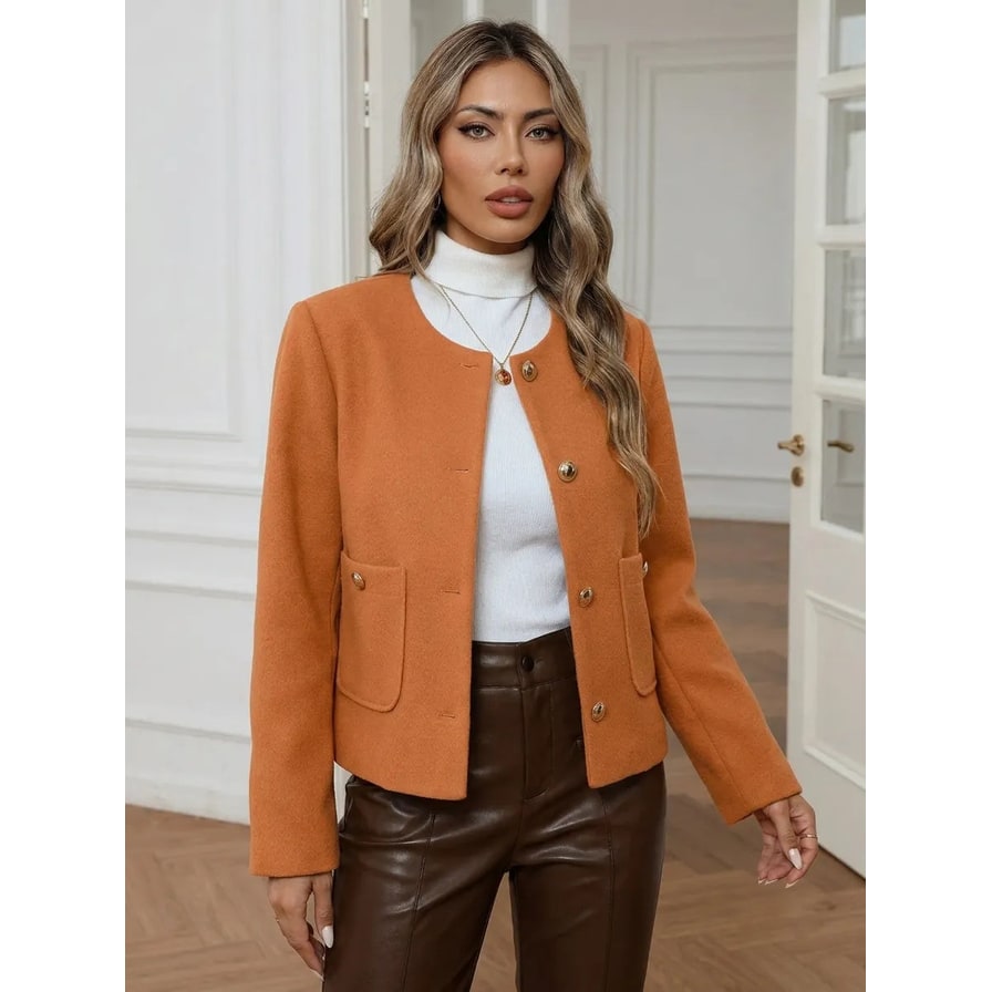 Women's Collarless Cropped Jacket with Gold Buttons Reversible Wool Bouclé - Image 1