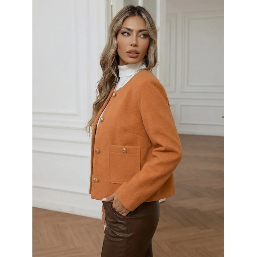 Women's Collarless Cropped Jacket with Gold Buttons Reversible Wool Bouclé - Image 2