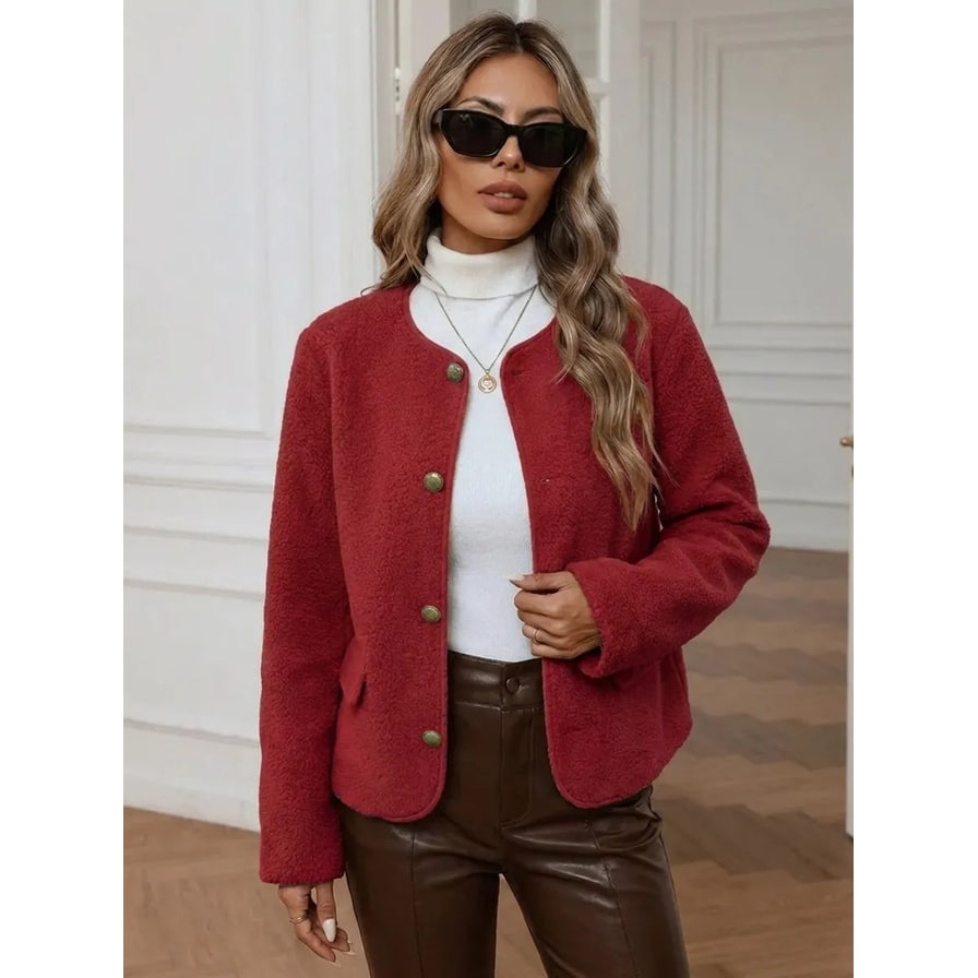 Women's Collarless Cropped Jacket with Gold Buttons Reversible Wool Bouclé - Image 5