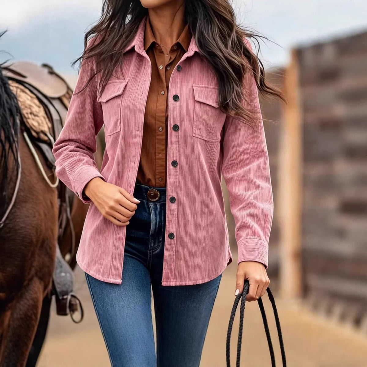 Women's Corduroy Shacket Button Down Shirt Jacket with Chest Pockets - Image 1