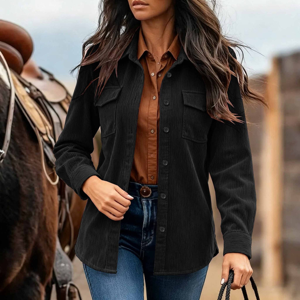Women's Corduroy Shacket Button Down Shirt Jacket with Chest Pockets - Image 6