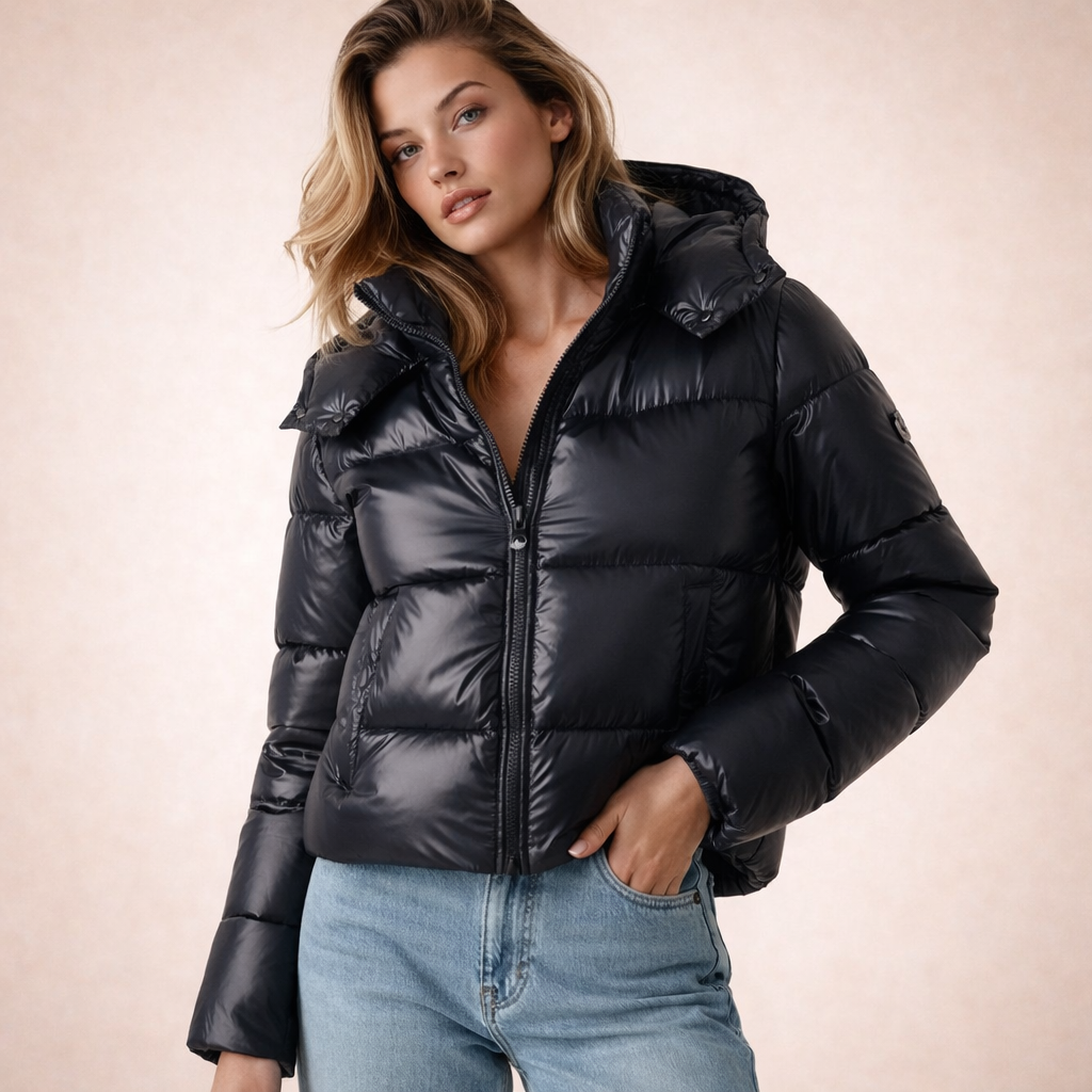 Women's Cropped Hooded Puffer Jacket with Quilted Horizontal Baffles and Zip Front - Image 1