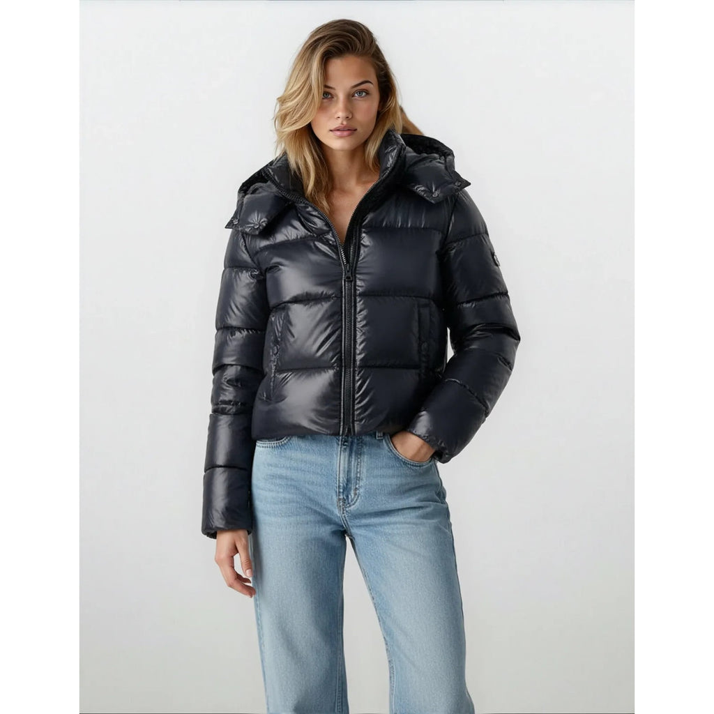 Women's Cropped Hooded Puffer Jacket with Quilted Horizontal Baffles and Zip Front - Image 2