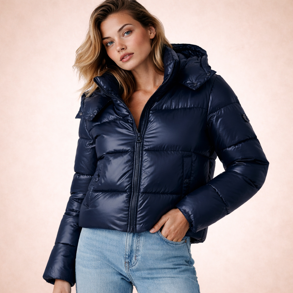 Women's Cropped Hooded Puffer Jacket with Quilted Horizontal Baffles and Zip Front - Image 4