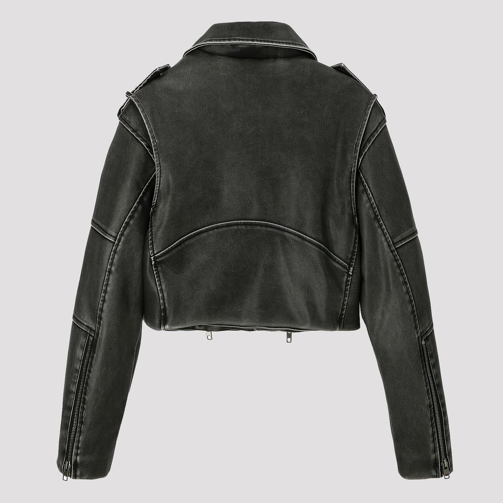 Women's Cropped Motorcycle Leather Biker Jacket with Asymmetrical Zip - Image 3