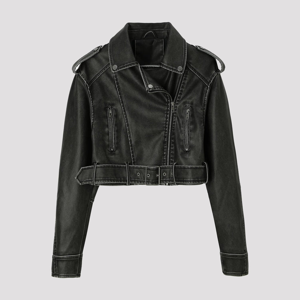 Women's Cropped Motorcycle Leather Biker Jacket with Asymmetrical Zip - Image 5