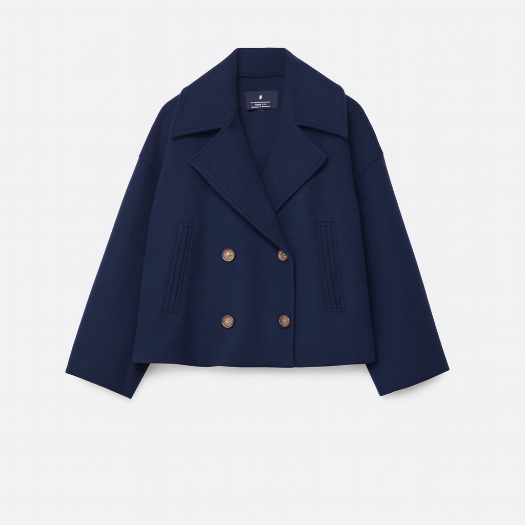 Women's Cropped Peacoat Double Breasted Wool Blend with Oversized Collar - Image 2