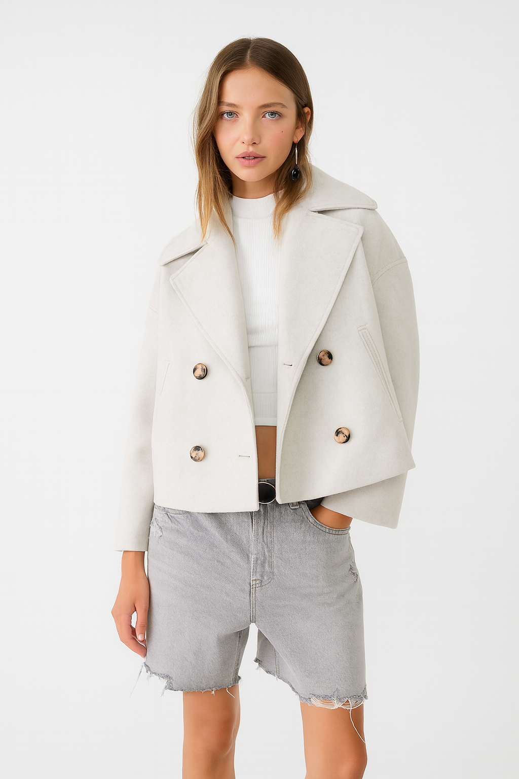 Women's Cropped Peacoat Double Breasted Wool Blend with Oversized Collar - Image 7