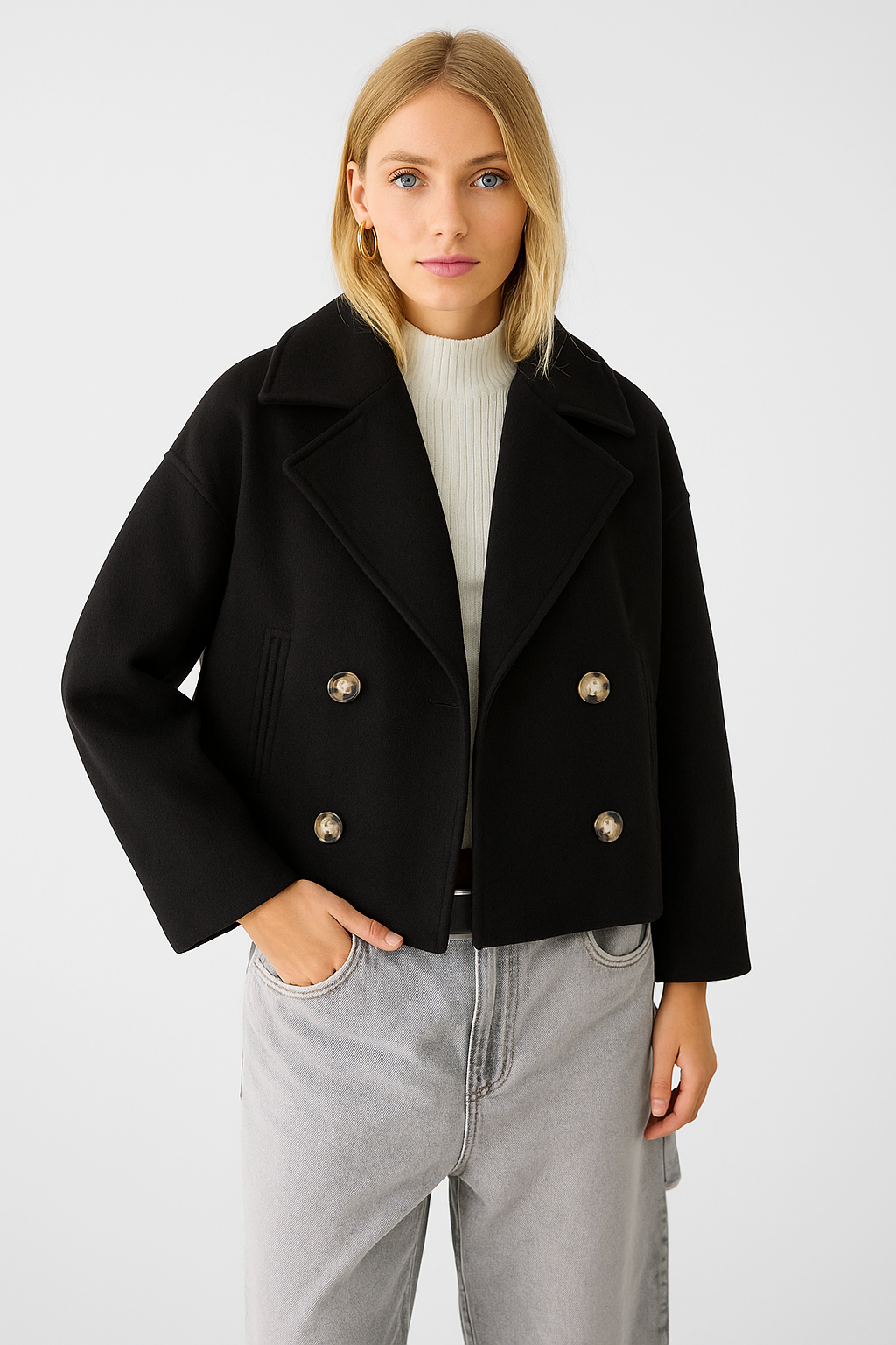 Women's Cropped Peacoat Double Breasted Wool Blend with Oversized Collar - Image 9