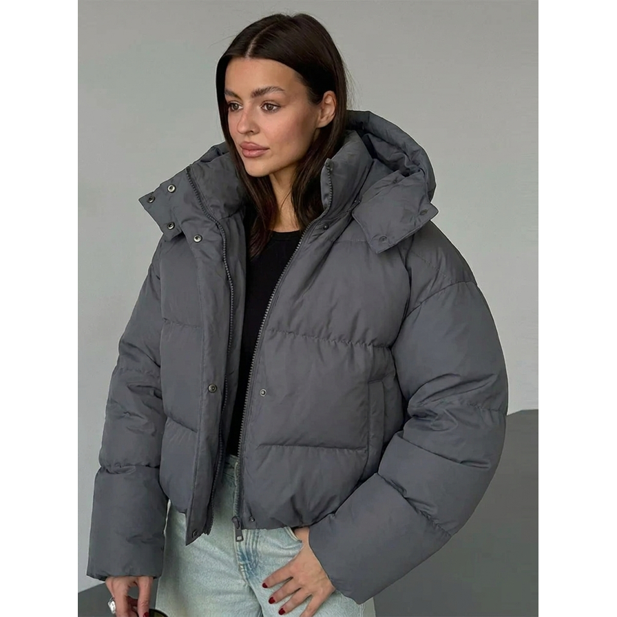 Women's Cropped Puffer Jacket with Oversized Hood and Quilted Channel Construction - Image 1