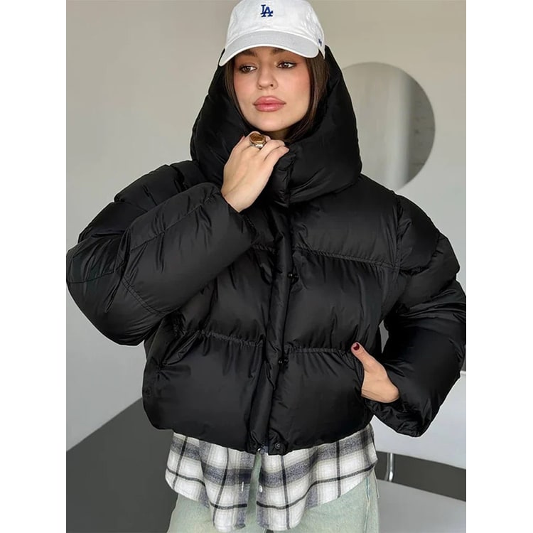 Women's Cropped Puffer Jacket with Oversized Hood and Quilted Channel Construction - Image 3