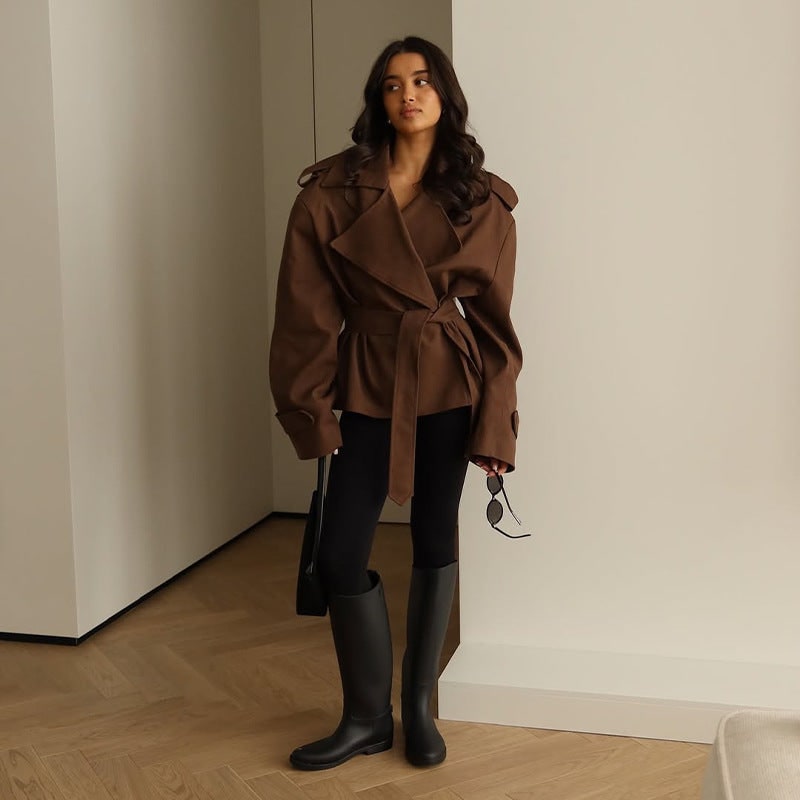 Women's Cropped Trench Coat Oversized with Self-Tie Belt - Image 2