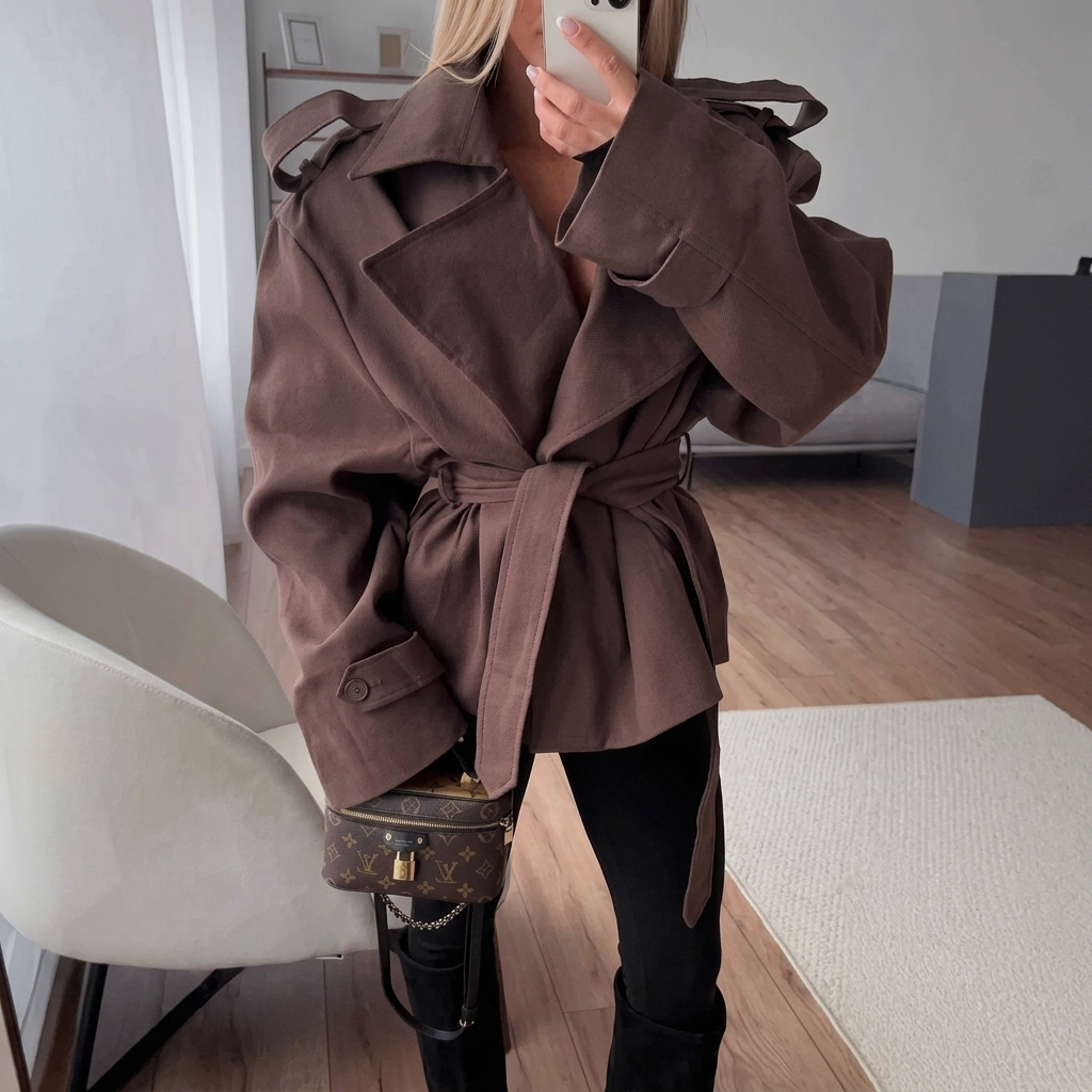 Women's Cropped Trench Coat Oversized with Self-Tie Belt - Image 4
