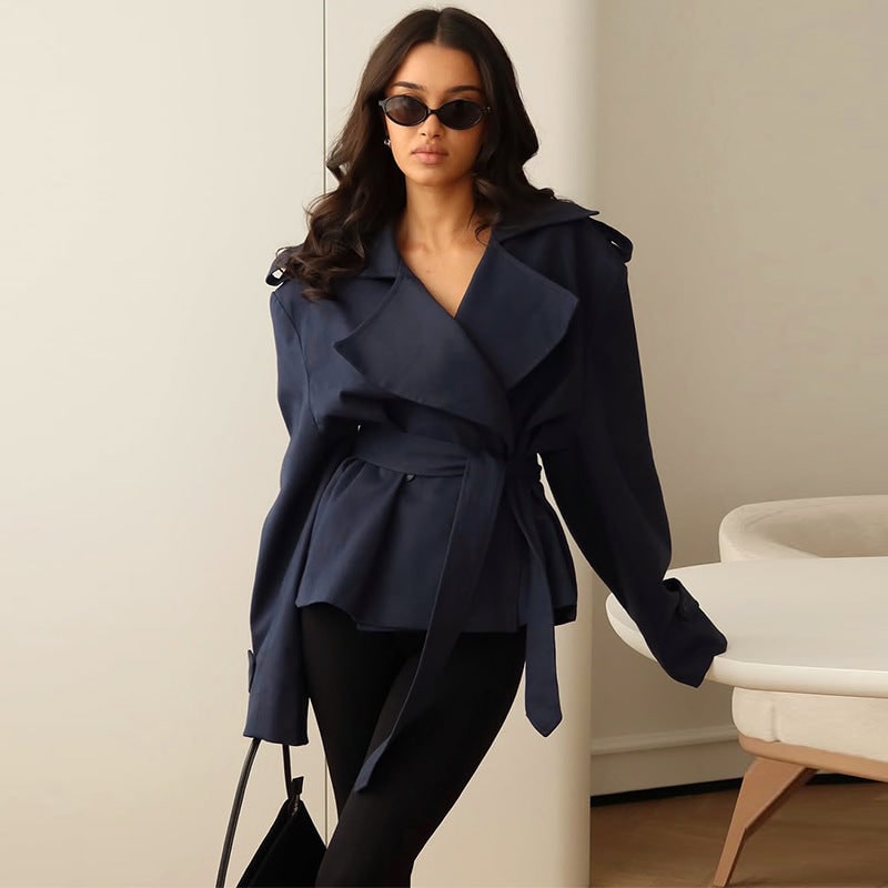 Women's Cropped Trench Coat Oversized with Self-Tie Belt - Image 5